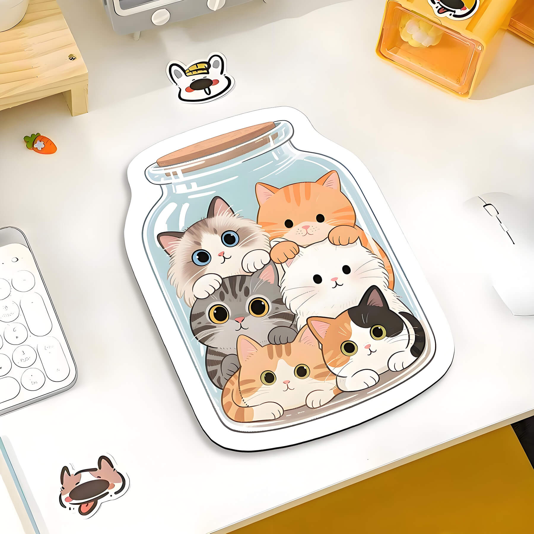 bottle-shaped cartoon mouse pad on the desk